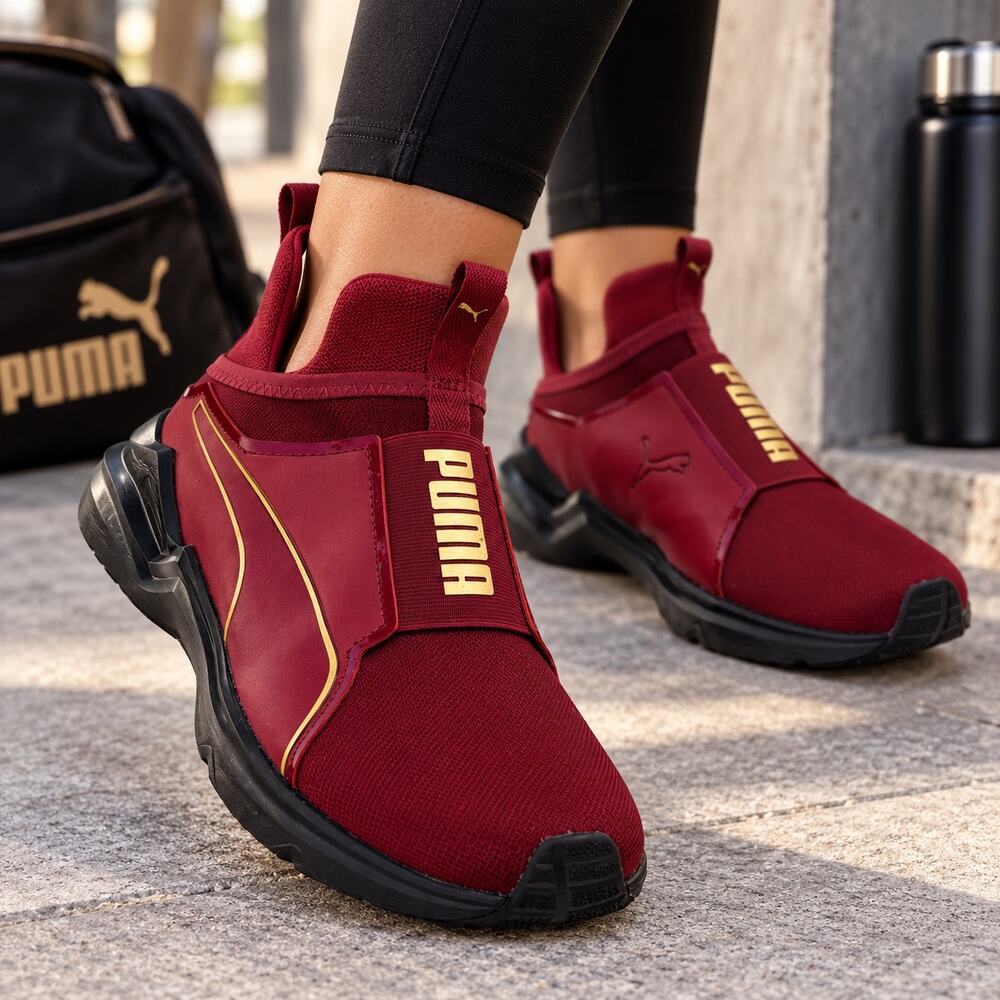 PUMA Fierce 2 Curtain Call Women’s 8.5 Red Black Gold Slip On Sneakers